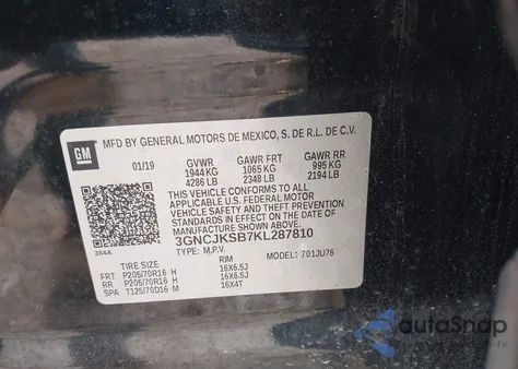 2019 Chevrolet Trax Ls from USA, damaged, VIN 3GNCJKSB7KL287810